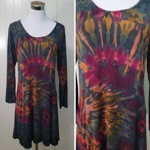 Multi-color Hippie Boho Festival Artsy Tie Dye Stretchy Knee Length Tunic Dress